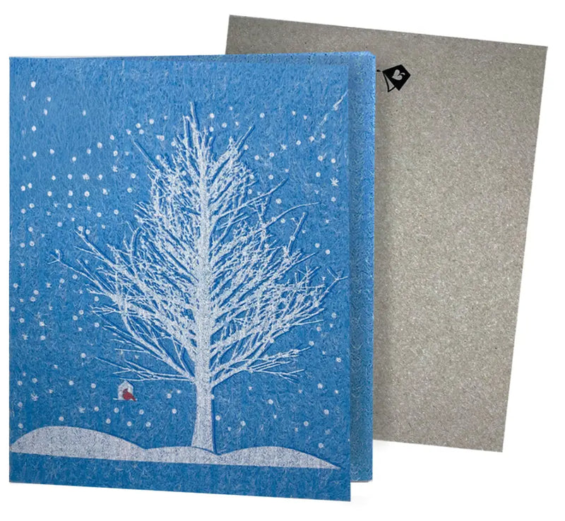 Snowy Red Cardinal Clards—Greetings that Clean Up Swedish dishcloth card Clards.com
