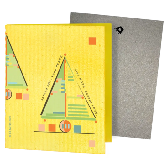Yellow rectangular reusable cleaning cloth with geometric green orange blue shapes and spread joy text holiday greeting