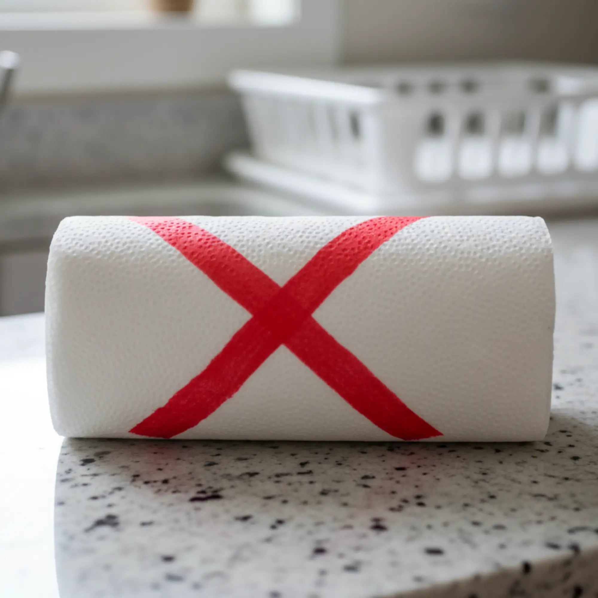 A white paper towel roll with a red x used as eco holiday greeting reusable cleaning cloths from soak it up cards