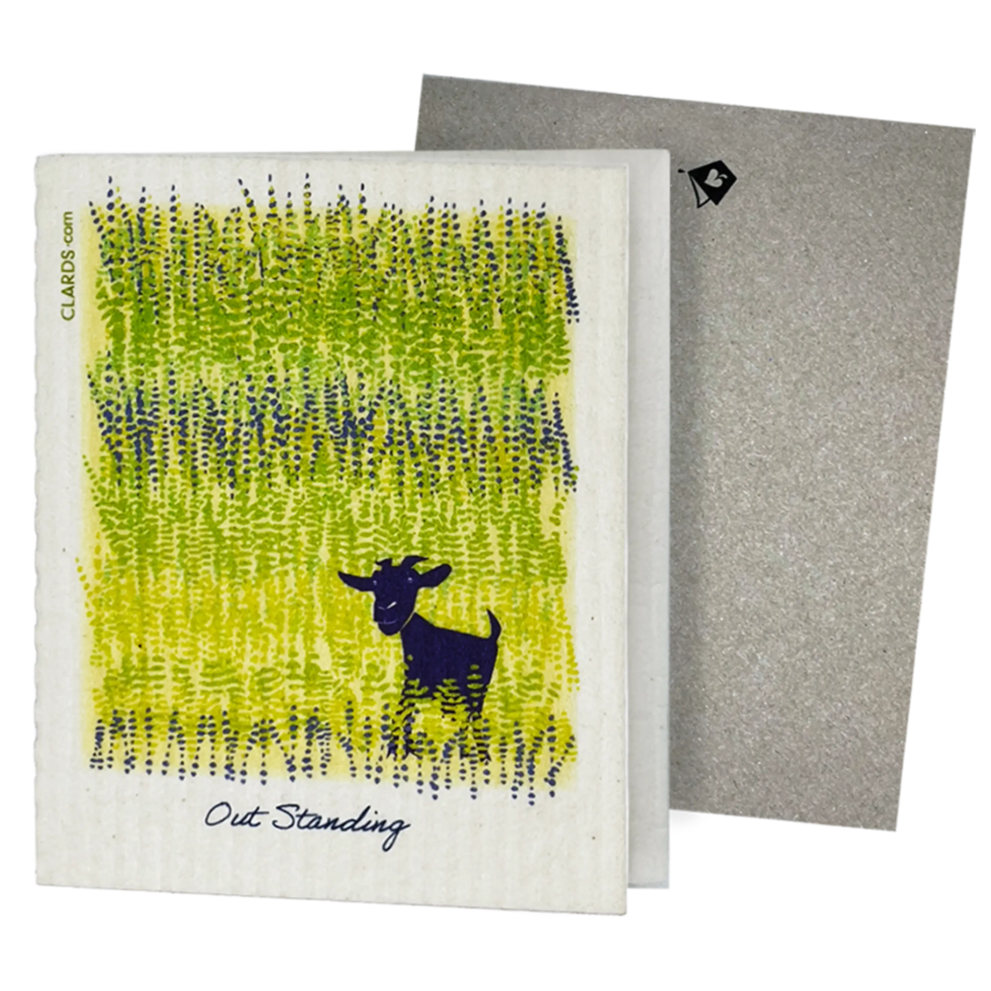 Clards eco-friendly greeting card - goat illustration on a green background - turns into 2 reusable sponge cleaning cloths. featuring the text 'Out Standing'.