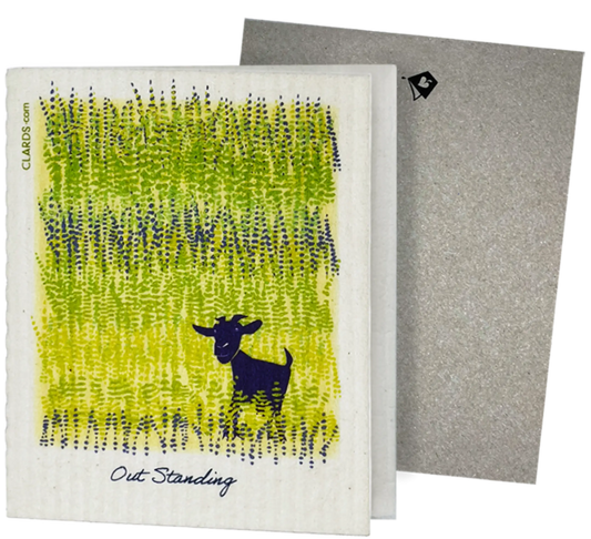 Clards eco-friendly greeting card - goat illustration on a green background - turns into 2 reusable sponge cleaning cloths. featuring the text 'Out Standing'.