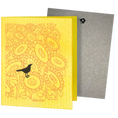 Load image into Gallery viewer, Bright yellow swedish sponge cloth with status crow greeting design featuring crow on sunflowers for sustainable cleaning
