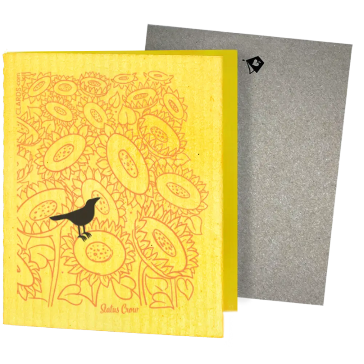 Bright yellow swedish sponge cloth with status crow greeting design featuring crow on sunflowers for sustainable cleaning