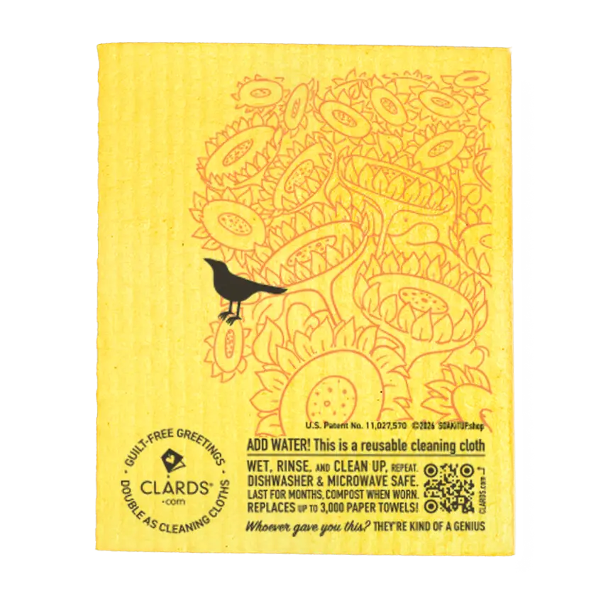 Yellow reusable cleaning cloth with black bird on orange sunflower tree design for sustainable greeting and status crow greeting
