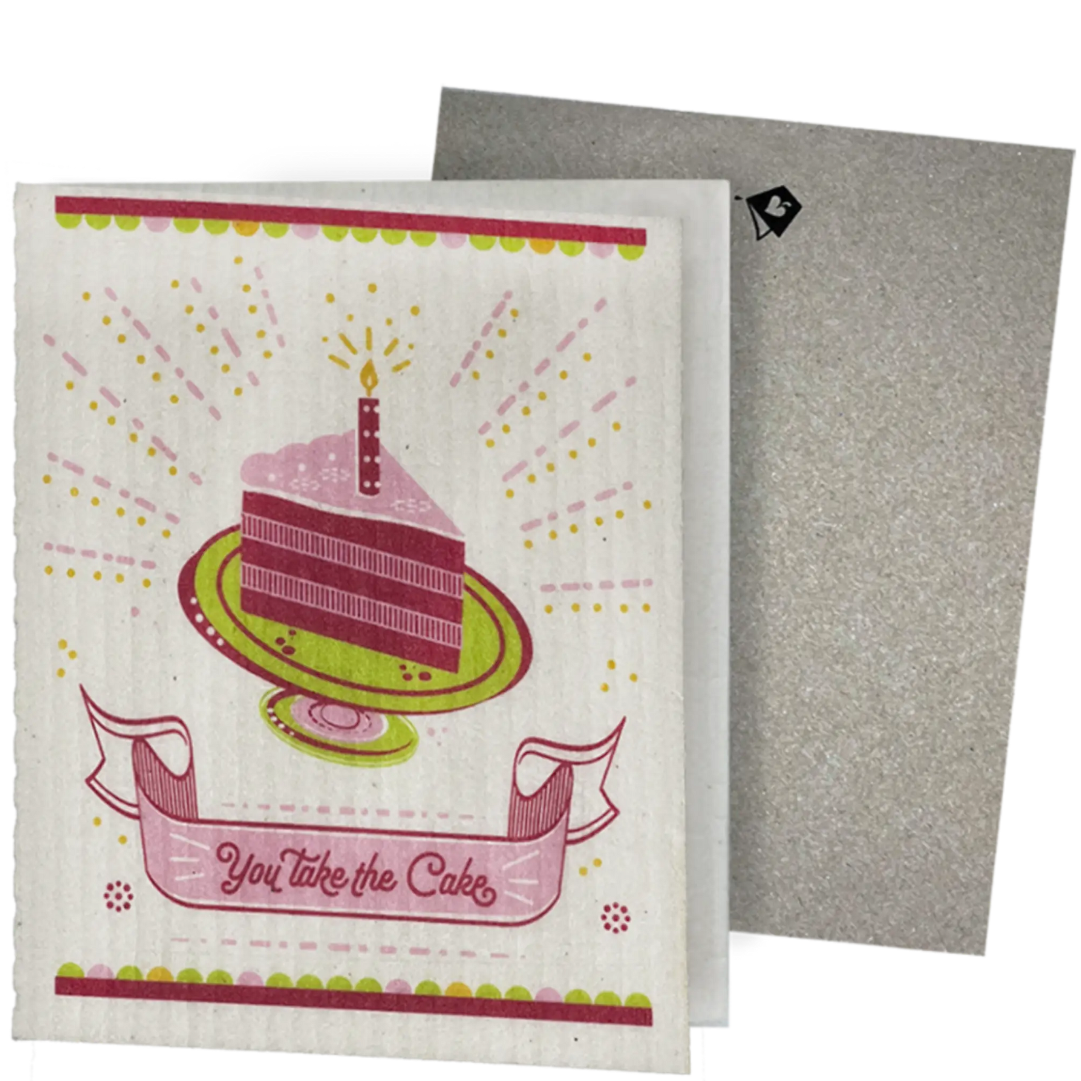 Clards eco-friendly greeting card - cake illustration and text 'You take the cake'  - turns into 2 reusable sponge cleaning on a white background