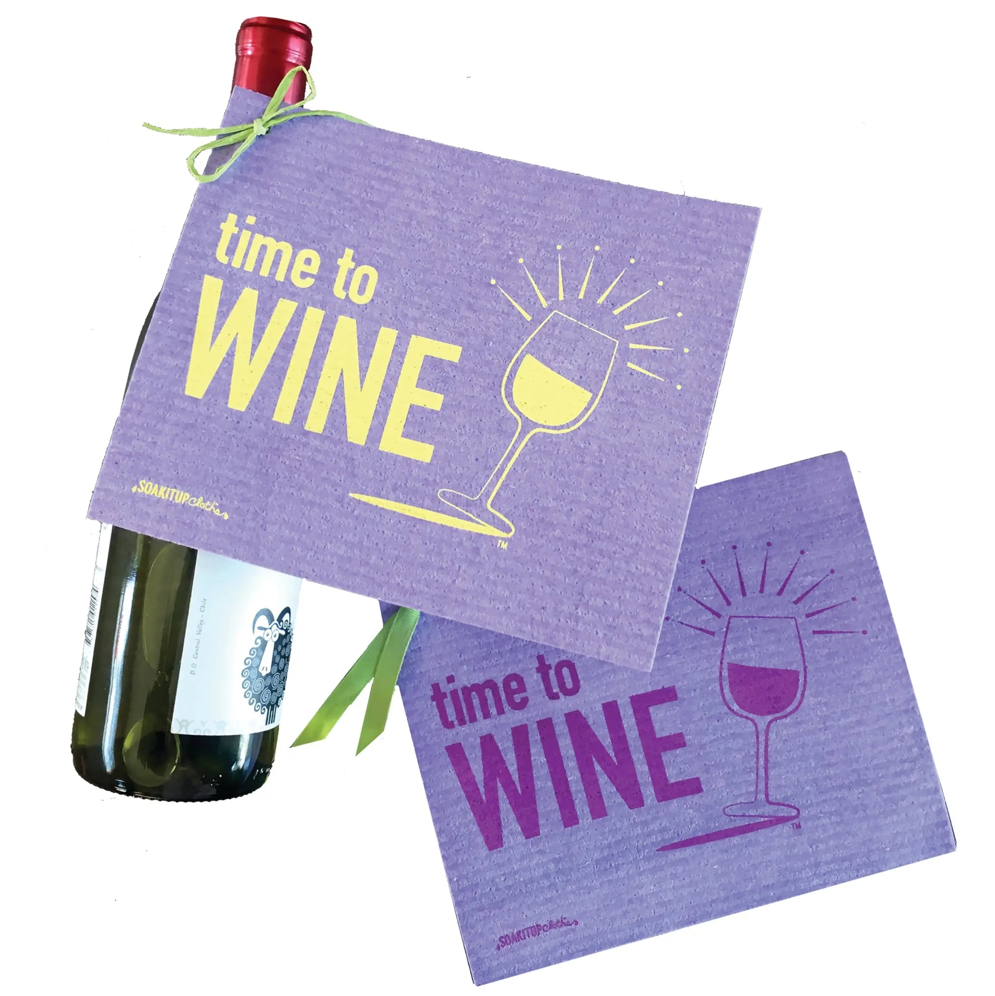 Purple time to wine white Swedish dishcloth with yellow and purple graphic design eco-friendly soakitup.shop