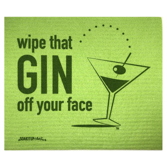 Bright green "Wipe That GIN Off Your Face" text with martini illustration Swedish dishcloths from Soakitup.shop