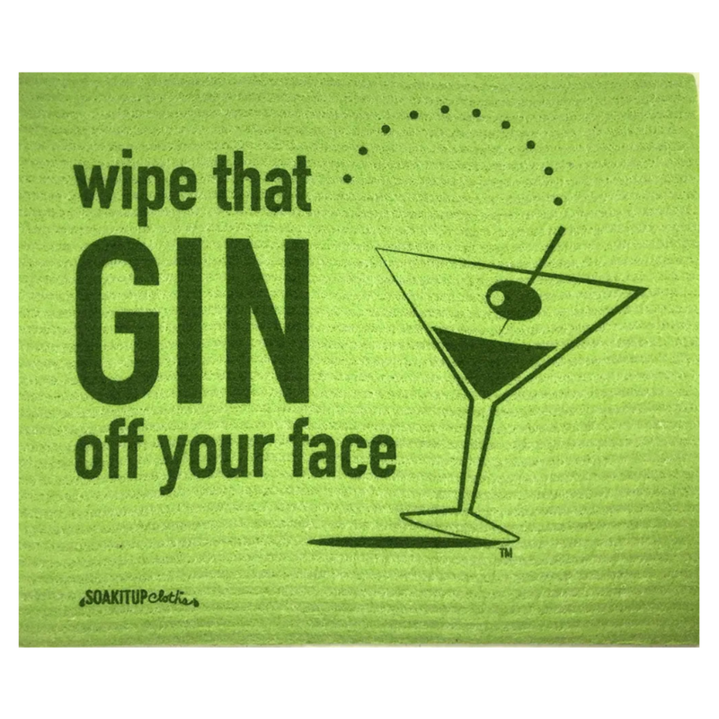 Bright green "Wipe That GIN Off Your Face" text with martini illustration Swedish dishcloths from Soakitup.shop
