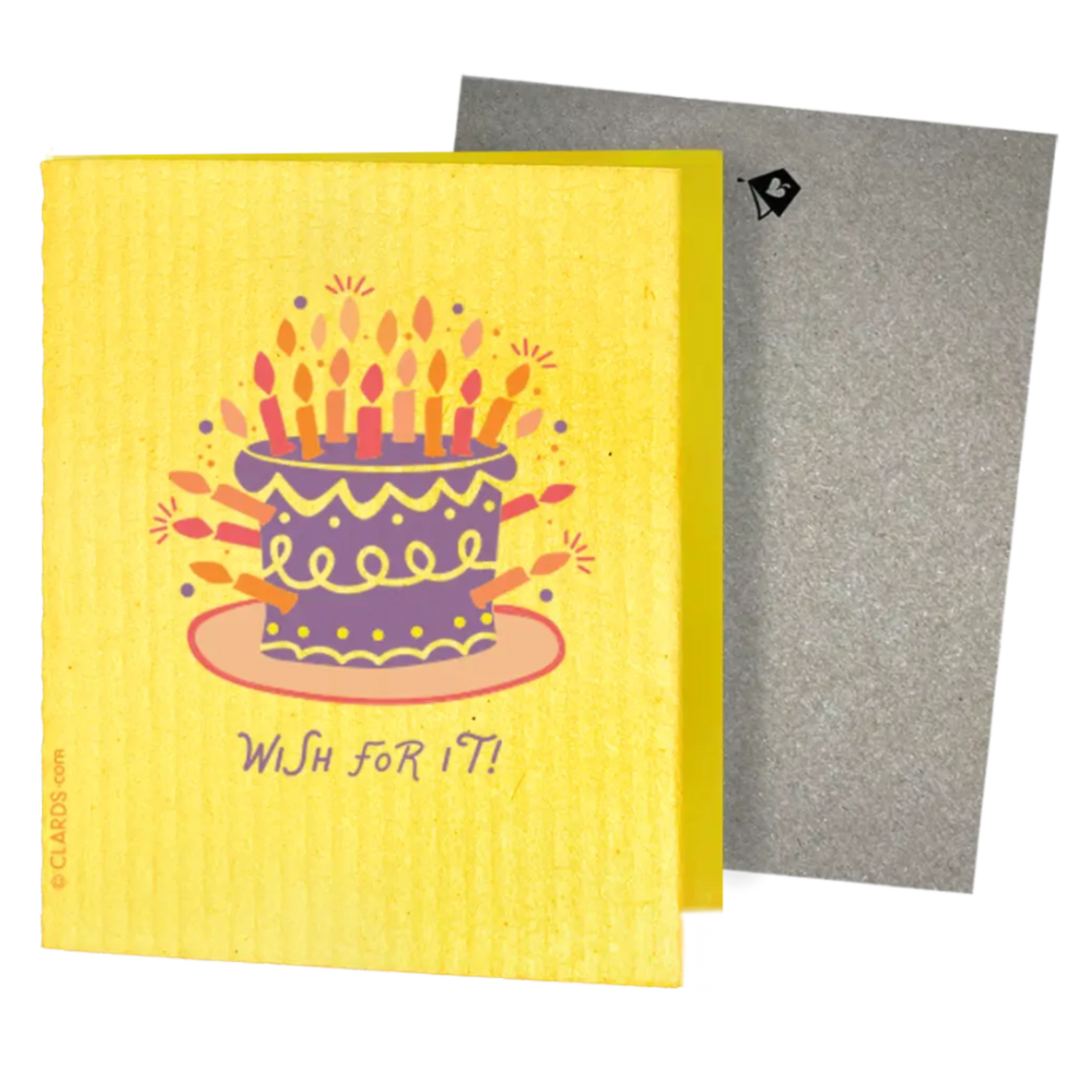 Bright yellow swedish sponge cloth with colorful birthday cake illustration from wish for it eco sponge cloths set