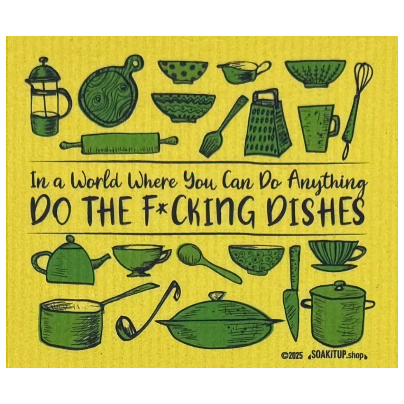 Green illustrated swedish dishcloth with kitchen utensils design on yellow background for doing the dishes